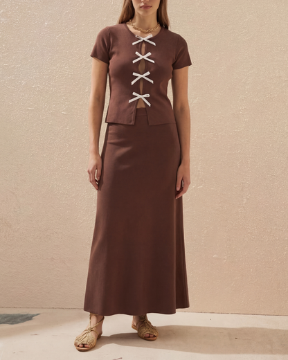 Brown Ribbed Bow Top And Skirt Set