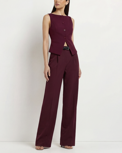 Maroon Boat Neck Slit Waist Coat And Pleated Pants With Belt