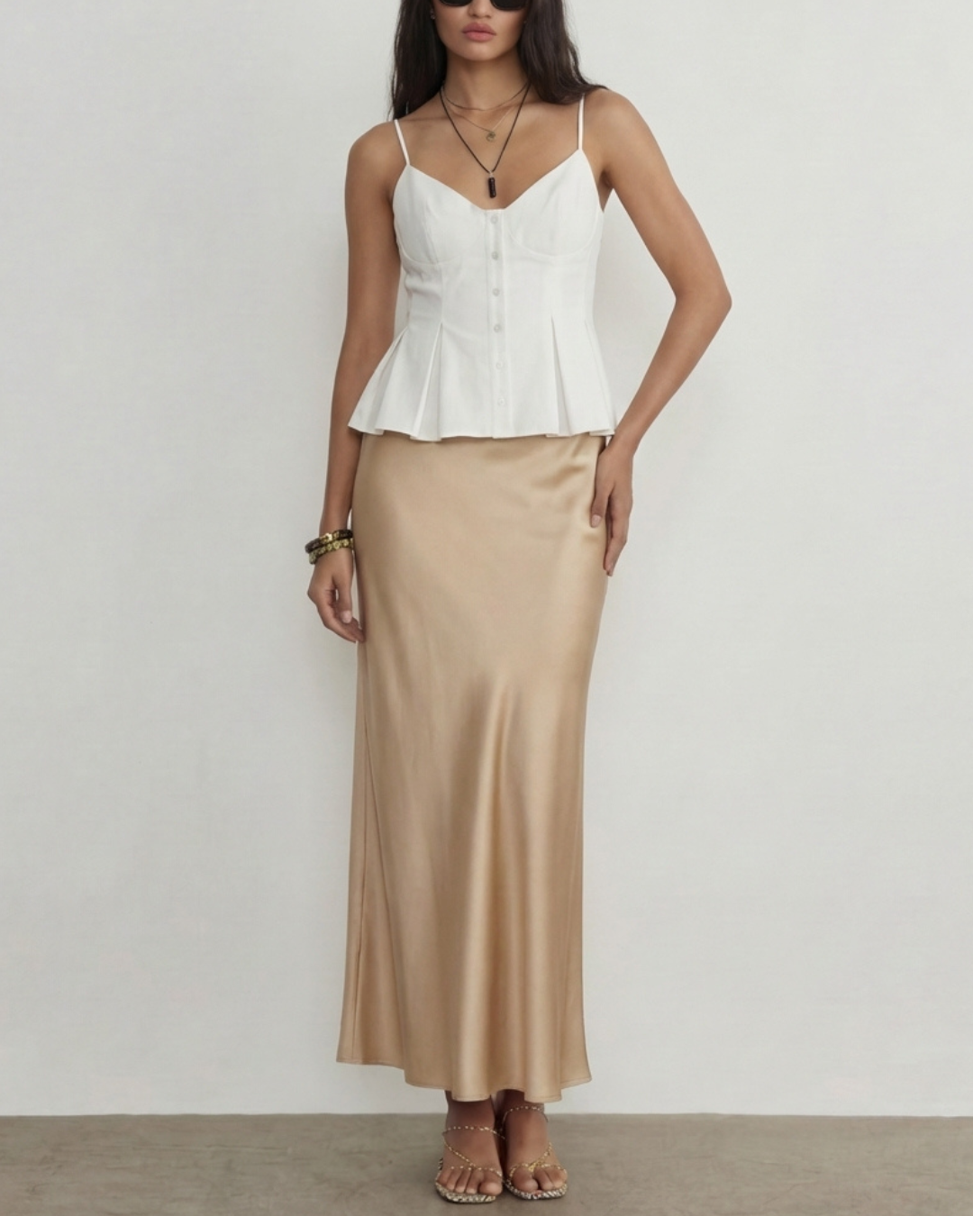 White Spaghetti Strap Peplum Top With Champagne Satin Skirt
