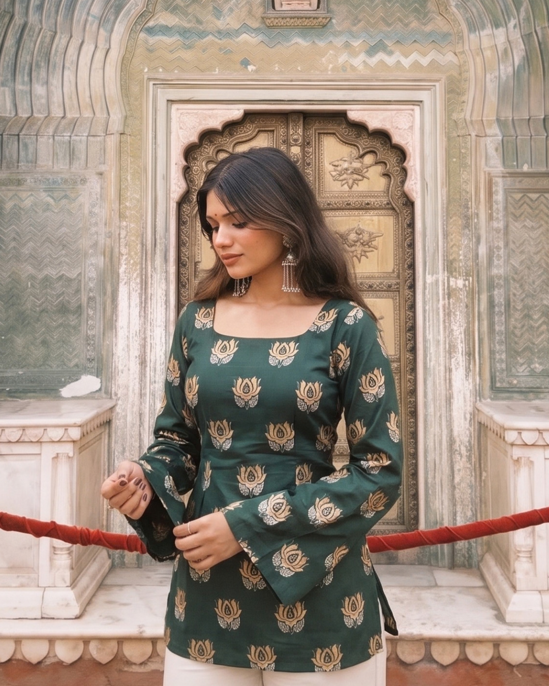 Green Lotus Print Corset Kurti