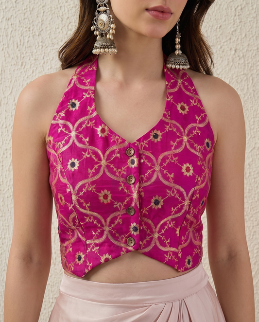 Rani Pink Banarasi Brocade Vest Top