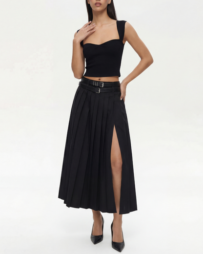 Double Belted Pleated Skirt with Sweet Heart Neck Top Set