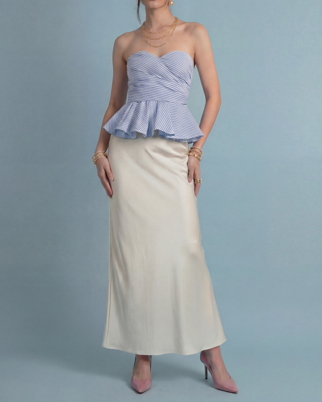 Blue Pinstripe Peplum Top With Ivory Satin Skirt