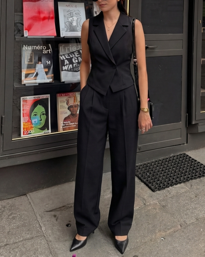 Notch Collar Waist Coat And Korean Trousers - Black
