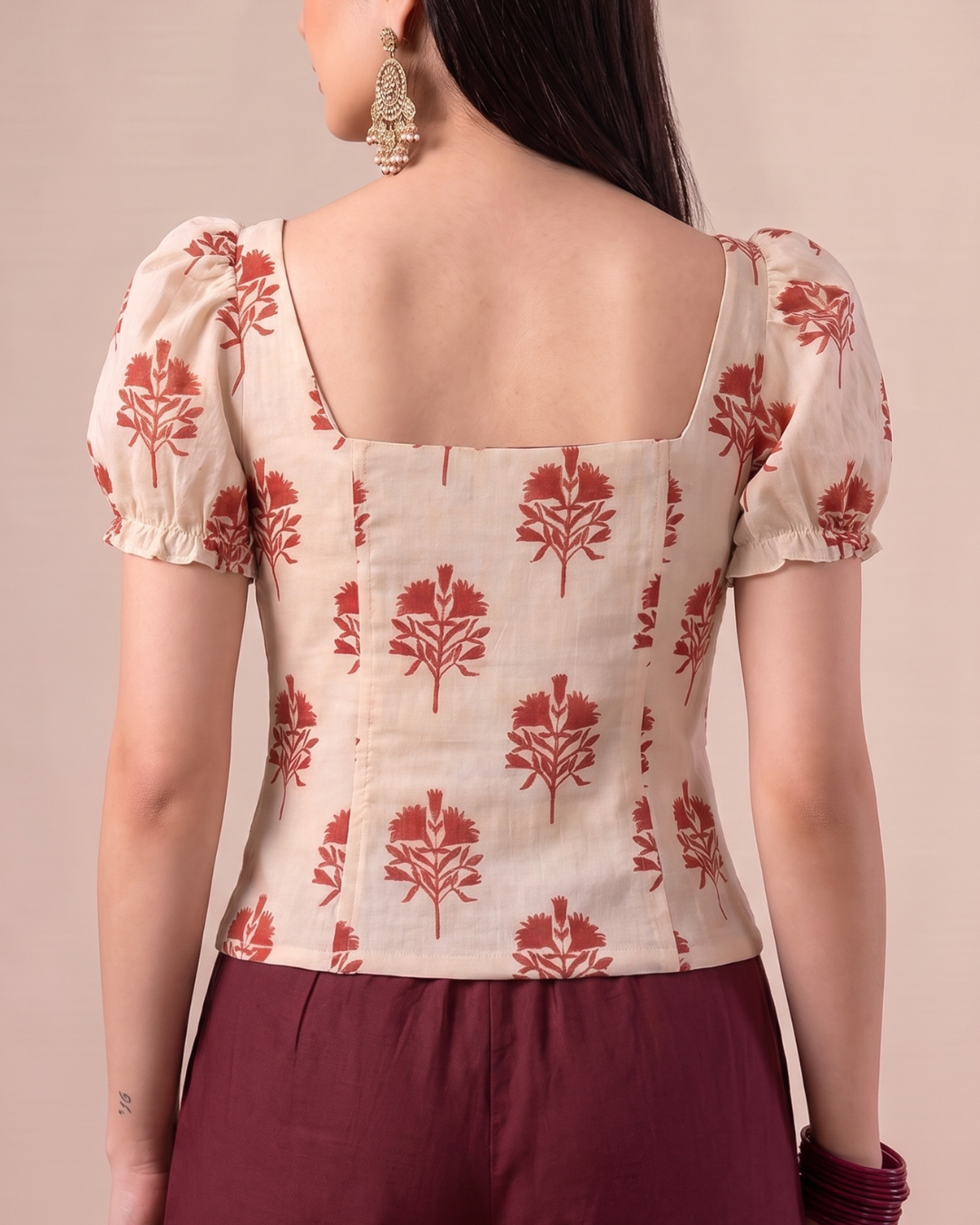 Paro Puff Sleeve Block Print Top - Off White