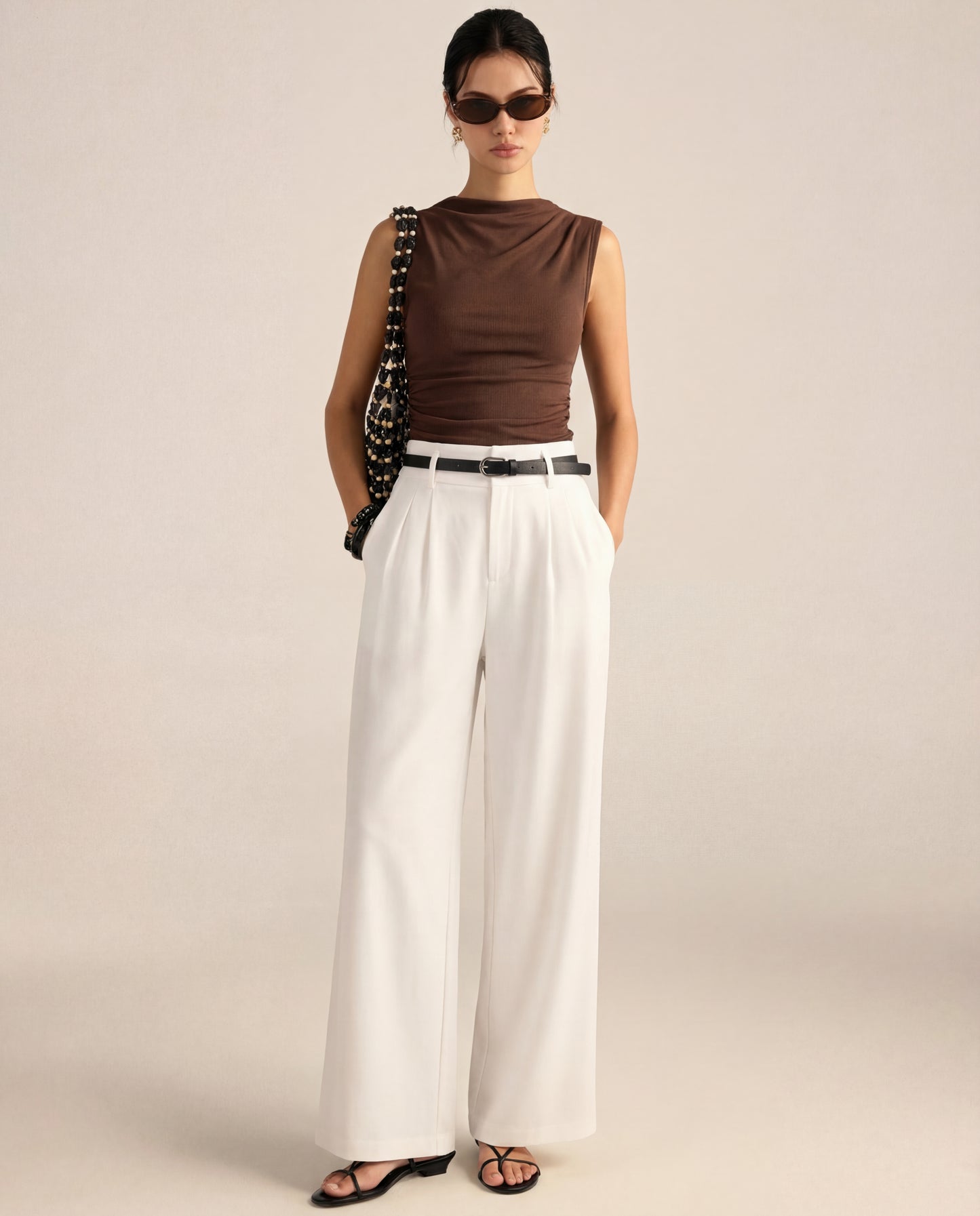 Brown Cowl Neck Ribbed Top And White Pleated Pants Set (With Belt)