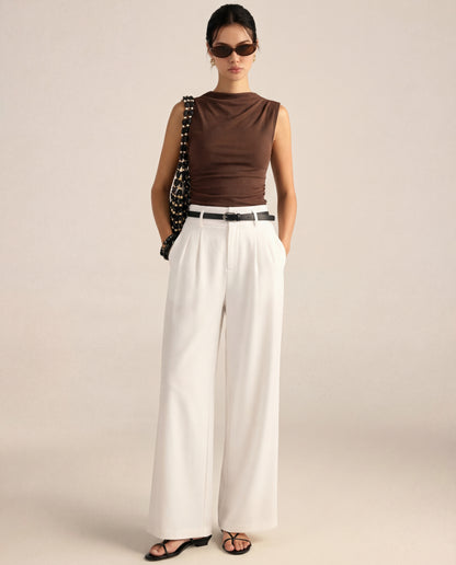 Brown Cowl Neck Ribbed Top And White Pleated Pants Set (With Belt)