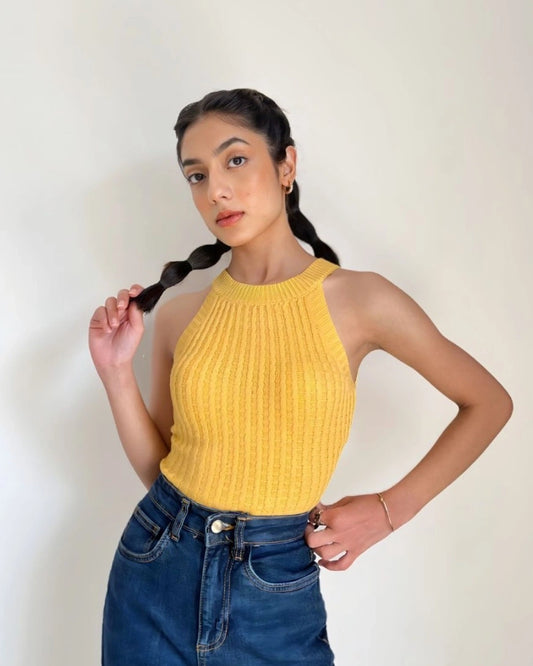 HALTER NECK KNITTED TOP,casual, cotton, halter neck, knitted, mustard, regular, sleeveless, slim fit, solid, streetwear, summer, tank tops, textured, tops, topwear,halter-neck-knitted-crop-top-mustard,Neck - Halter neckSleeve - SleevelessFit - Slim fitPrint/Pattern - RibbedColor - YellowMaterial - Knit Detail - Knitted topSize - Waist (26-28), Bust (30-32)