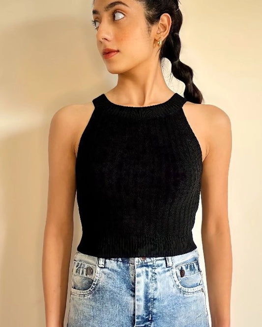 HALTER NECK KNITTED TOP,black, casual, cotton, halter neck, knitted, regular, sleeveless, slim fit, solid, streetwear, summer, tank tops, textured, tops, topwear,halter-neck-knitted-crop-top-black,Neck - Halter neckSleeve - SleevelessFit - Slim fitPrint/Pattern - RibbedColor - BlackMaterial - Knit Detail - Knitted topSize - Waist (26-28), Bust (30-32)