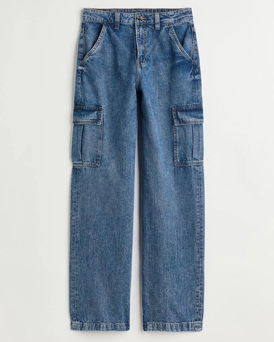 CARGO JEANS,baggy, bottomwear, cargos, dark blue, denim, full length, high rise, high waist, jeans, straight fit, washed jeans, wide leg,cargo-jeans-darkblue,Length - Full length Waist - High-rise waist Fit - Baggy fit Color - Dark blueNo. of Pockets - 6Material - DenimLength - 43"Closure - Zip &amp; buttonDetail - Washed effect
