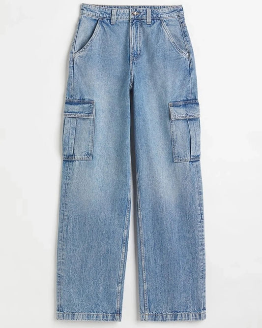 CARGO JEANS,baggy, bottomwear, cargos, denim, full length, high rise, high waist, icy blue, jeans, light blue, straight fit, washed jeans, wide leg, Length - Full length Waist - High-rise waist Fit - Baggy fit Color - Icy blue No. of Pockets - 6 Material - Denim Length - 43" Closure - Zip &amp; button Detail - Washed effect