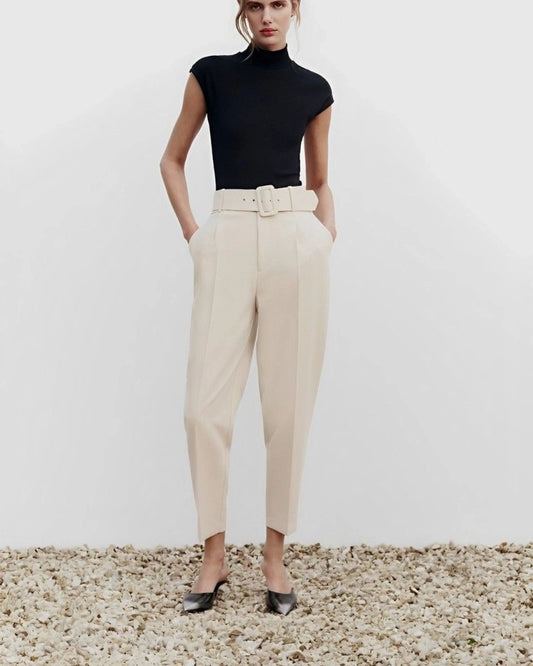 BELTED TAPERED PANTS,beige, bottomwear, formal, full length, high rise, pants, polyester, summer, tailored fit, tapered, woven,straight-fit-trouser-with-belt-cream,Length - Full length Waist - High-rise waist Fit - Straight fit Color - CreamNo. of Pockets - 2Material - Polyester Length - 43 inch Closure - Zip &amp; hook Detail - Trouser with belt and false welt back pocket
