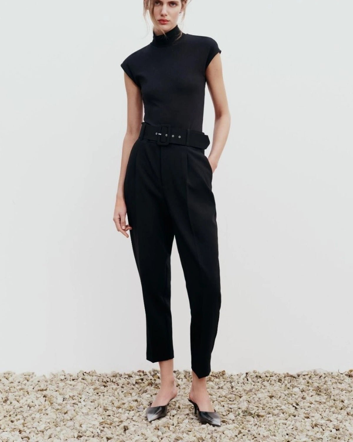 Belted Tapered Pants With Belt- Black - Main Image