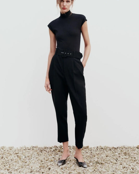 BELTED TAPERED PANTS,black, bottomwear, formal, full length, high rise, pants, polyester, summer, tailored fit, tapered, woven,straight-fit-trouser-with-belt-black,Length - Full length Waist - High-rise waist Fit - Straight fit Color - BlackNo. of Pockets - 2Material - Polyester Length - 43 inch Closure - Zip &amp; hook Detail - Trouser with belt and false welt back pocket