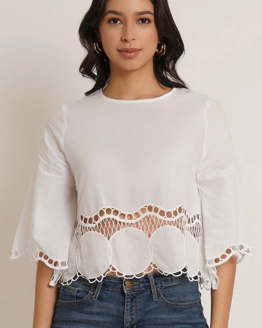 LACE WORK A-LINE TOP,a line, casual, cotton, crew neck, elbow length sleeves, flared sleeves, lace, regular, relaxed fit, scalloped, soft girl, solid, summer, tops, topwear, white, woven,a-line-laced-top,Neck - Crew neckSleeve - Flared sleeve Fit - Relaxed fit Print/Pattern - Solid Color - WhiteMaterial - CottonDetail - Lace work