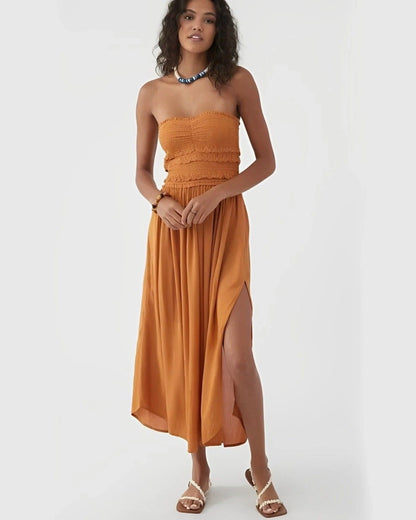 CRINKLED SLIT DRESS,beach, casual, crinkled, dresses, midi, off shoulder neck, sleeveless, slim fit, slit, solid, streetwear, summer, tan, textured, vacation, viscose, woven,midi-crinkled-dress,Neck - Off-shoulder Sleeve - SleevelessFit - Slim fitPrint/Pattern - SolidColor - TanLength - MidiType - Midi dressMaterial - ViscoseDetail - Ruched and crinkled fabric detailing