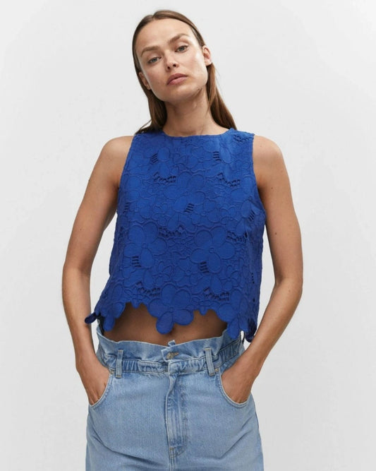 SCHIFFLI A-LINE TOP,a line, blue, casual, cotton, crew neck, regular, relaxed fit, scalloped, schiffli, sleeveless, soft girl, solid, summer, tops, topwear, woven,a-line-schiffli-embroidered-top,Neck - Crew neckSleeve - SleevelessFit - Relaxed fit Print/Pattern - Solid Color - BlueMaterial - CottonDetail - Schiffli embroidered