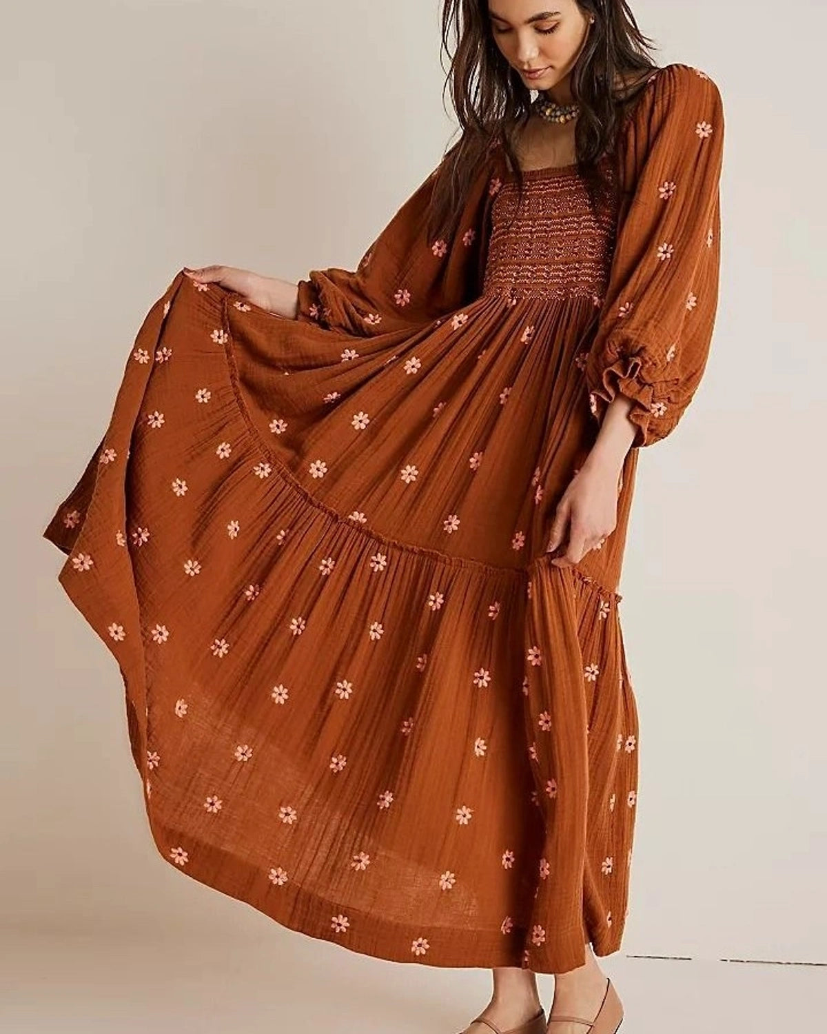 TIERED EMBROIDERED DRESS,balloon sleeves, beach, bohemian, brown, casual, cotton, dresses, embroidered, fit and flare, floral, long sleeves, loungewear, maxi, relaxed fit, smocked, square neck, summer, textured, vacation, woven,tiered-embroidered-dress,Neck - Square neckSleeve - Balloon sleeveFit - Relaxed fitPrint/Pattern - SolidColor - BrownLength - MaxiType - Tiered dressMaterial - CottonDetail - Embroidered