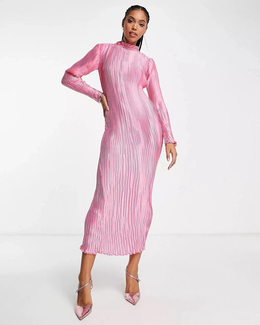 MIDI PLEATED DRESS,bodycon, dresses, glam, high neck, long sleeves, midi, party, pink, pleated, satin, scalloped, skinny fit, woven,midi-pink-pleated-dress,Neck - High neckSleeve - Long sleeves Fit - Skinny fitPrint/Pattern - SolidColor - Pink Length - MidiType - Midi dressMaterial - Satin Detail - Pleated