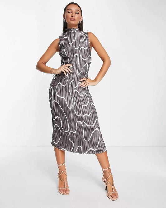 MIDI PLEATED PRINTED DRESS,abstract, bodycon, dresses, glam, grey, high neck, midi, party, pleated, printed, regular fit, ruched, satin, sleeveless, vacation, woven,midi-pleated-grey-dress,Neck - High neck Sleeve - Sleeveless Fit - Slim fitPrint/Pattern - Abstract print Color - Grey Length - MidiType - Midi dressMaterial - Satin Detail - Pleated