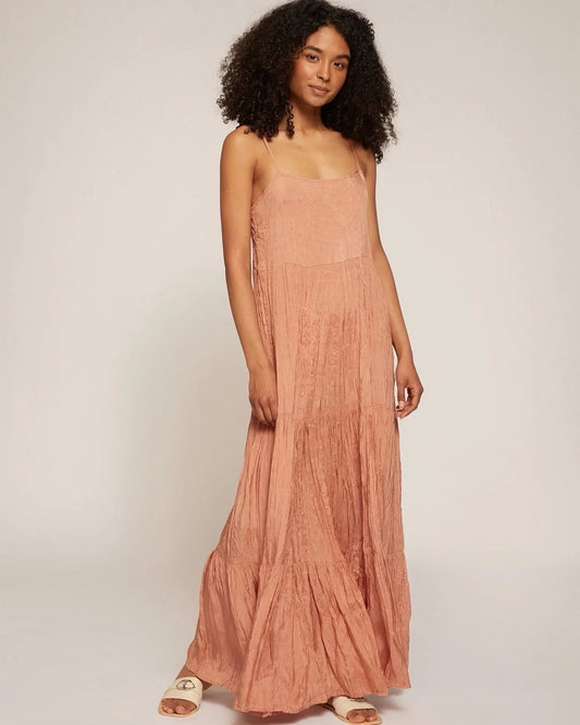 TIERED MAXI DRESS,a line, bohemian, cami neck, casual, dresses, full length, loungewear, peach, relaxed fit, ruched, shoulder strap, sleeveless, summer, textured, tiered, vacation, viscose, woven,maxi-tiered-copper-dress,Neck - Cami neck Sleeve - Spaghetti strap Fit - Relaxed fitPrint/Pattern - SolidColor - Dusty PinkLength - Maxi Type - Maxi dressMaterial - Viscose Detail - Tiered hem and crinkled fabric 24030034AA