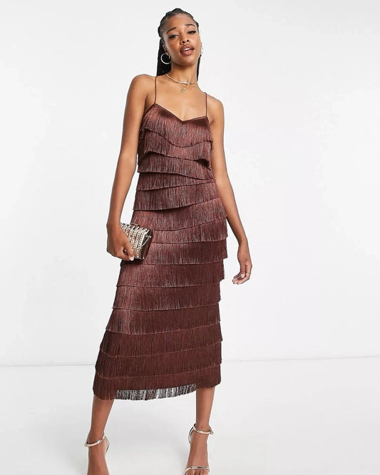 MIDI FRINGE DRESS,brown, criss cross back, criss cross detail, dresses, fringed, fringes, glam, midi, party, polyester, shoulder strap, sleeveless, slim fit, slip, v neck, woven,midi-fringe-brown-dress,Neck - Cami neck Sleeve - Spaghetti strap Fit - Slim fitPrint/Pattern - Solid Color - Brown Length - MidiType - Midi dressMaterial - PolyesterDetail - Over all fringe lace detail
