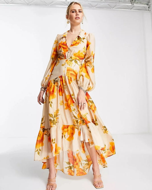 HIGH LOW FLORAL DRESS,balloon sleeves, beach, beige, bohemian, casual, collared, cotton, cutout, cutout back, dresses, fit and flare, floral, full length, high low, long sleeves, printed, regular fit, ruffled, soft girl, summer, tiered, vacation, viscose, woven,high-low-floral-beige-dress,Neck - CollaredSleeve - Bishop sleeves Fit - Regular fitPrint/Pattern - FloralColor - Beige Length - MidiType - High-low dress Detail - Asymmetric tiered hem
