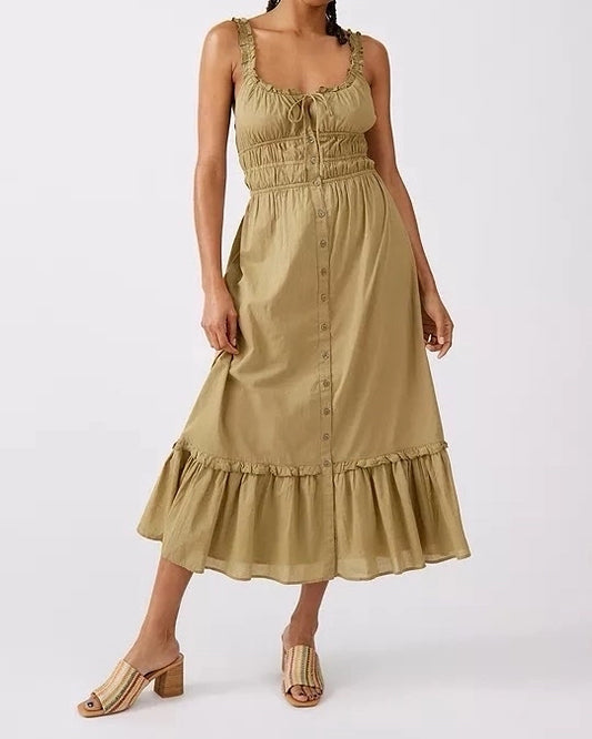 MIDI RUCHED DRESS,beach, button, casual, cotton, criss cross back, criss cross detail, drawstring, dresses, fit and flare, khakhi, midi, regular fit, ruched, ruffled, scoop neck, shoulder strap, sleeveless, summer, tiered, vacation, woven,midi-ruched-bodice-olive-dress,Neck - Scoop neckSleeve - Sleeveless Fit - Regular fitPrint/Pattern - SolidColor - Khakhi Olive Length - Midi Type - Midi dressMaterial - Cotton Detail - Ruched bodice and a tier at the hem.