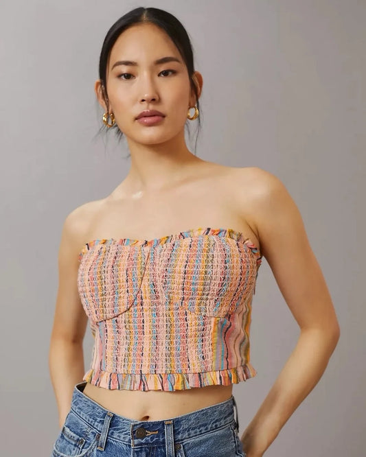 MULTI COLORED TUBE TOP,beach, bohemian, casual, cotton, crop, gathered, multi colored, off shoulder neck, skinny fit, sleeveless, smocked, stretchable, summer, tops, topwear, tube tops, vacation, woven,tube-color-block-stripes-top,Neck - Off shoulder Sleeve - Sleeveless Fit - Slim fitPrint/Pattern - SolidColor - Peach Type - Tube Material - Cotton Detail - Color block stripes