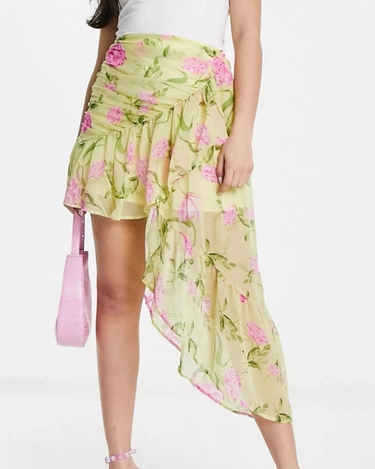 FLORAL PRINTED FLOUNCE SKIRT,asymmetric, beach, bottomwear, casual, flared, flounce, gathered, georgette, lemon green, mid rise, mini, printed, ruched, ruffled, skirts, soft girl, summer, woven,wrap-flounce-floral-lemon-green-skirt,Waist - Mid-rise waistFit - Slim fitColor - Lemon green Print\Pattern - FloralType - Wrap Material - Georgette Length - Mini