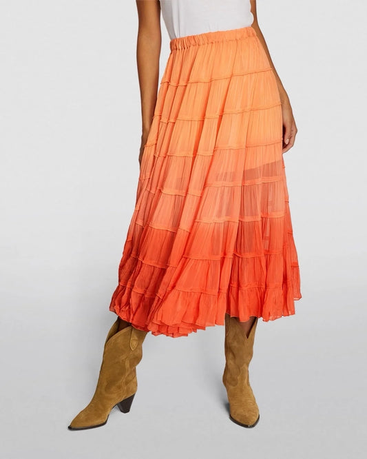 MIDI TIERED OMBRE SKIRT,beach, bohemian, bottomwear, flared, georgette, mid rise, midi, orange, relaxed fit, skirts, soft girl, summer, tiered, vacation, woven,midi-tiered-ombre-orange-skirt,Waist - Mid-rise waistFit - Relaxed fitColor - OrangePrint\Pattern - OmbreType - TieredMaterial - Georgette Length - Midi