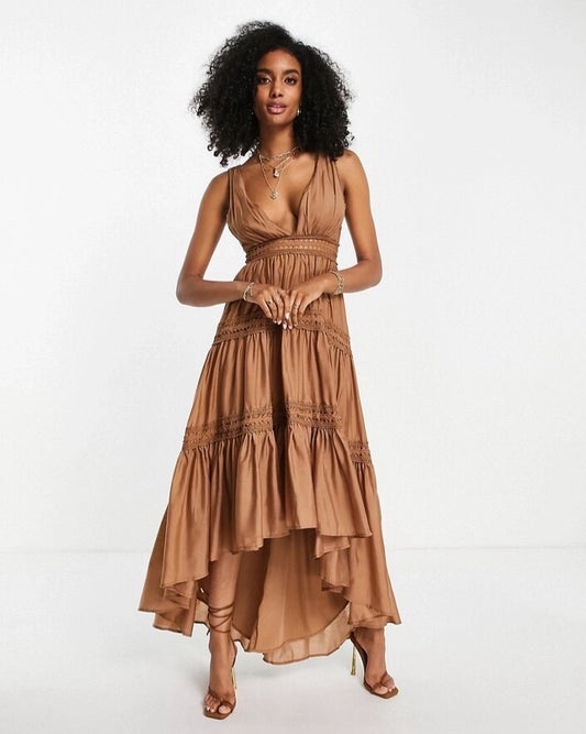 HIGH LOW TIERED DRESS,asymmetric, beach, bohemian, brown, cotton, deep back, dresses, fit and flare, high low, lace, midi, plunge neckline, relaxed fit, ruched, shoulder strap, sleeveless, tiered, vacation, woven,high-low-tiered-brown-dress,Neck - Plunging neckline Sleeve - Shoulder strapFit - Relaxed fitPrint/Pattern - SolidColor - Brown Length - MidiType - High-low Material - CottonDetail - Lace work with gather detailing