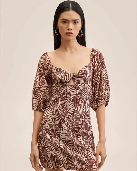 MINI PRINTED SCHIFFLI DRESS,a line, beach, brown, casual, cotton, cutout, dresses, elbow length sleeves, knitted, mini, printed, puff sleeves, regular fit, schiffli, stretchable, summer, sweetheart neck, tie knot, tropical,mini-printed-schiffli-beige-dress,Neck - Twisted neck Sleeve - Puff sleeves Fit - Slim fitPrint/Pattern - Tropical print Color - BrownLength - MiniType - Mini dressMaterial - Cotton Detail - Schiffli work and elasticated back