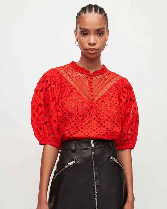 SCHIFFLI TOP,balloon sleeves, blouse, casual, cotton, curved, elbow length sleeves, high low, lace, longline, mandarin neck, red, relaxed fit, schiffli, soft girl, summer, tops, topwear, vacation, woven,high-low-schiffli-red-top,Neck - Mandarin neck Sleeve - Puff sleevesFit - Relaxed fitPrint/Pattern - Solid Color - Red Type - High-low Material - CottonDetail - Schiffli work