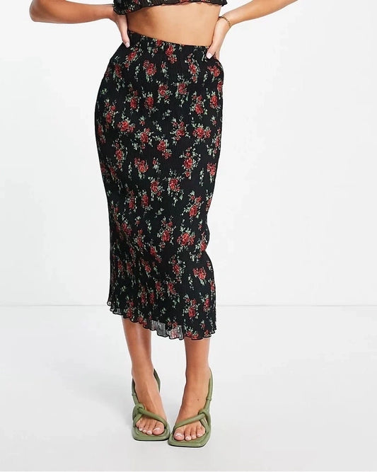 FLORAL PRINT PLEATED COORD SET- MIDI SKIRT,beach, black, bottomwear, coord sets, georgette, mid rise, midi, pleated, printed, skinny fit, skirts, summer, vacation, woven,midi-pleated-floral-black-skirt,Waist - Mid-rise waistFit - Slim fitColor - Black Print\Pattern - Floral Type - Pleated Material - Georgette Length - Midi
 Only contains Skirt