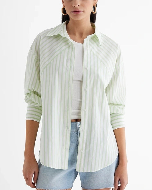 STRIPED BOYFRIEND SHIRT,boyfriend shirts, button, casual, collared, cotton, curved, drop shoulder, green, long sleeves, longline, oversized, printed, shirts, stripes, summer, topwear, woven,green-and-white-stripes-boyfriend-shirt,Neck - CollaredSleeve - Full sleevesFit - Oversized fitPrint/Pattern - Stripes Color - Green and white Material - Cotton