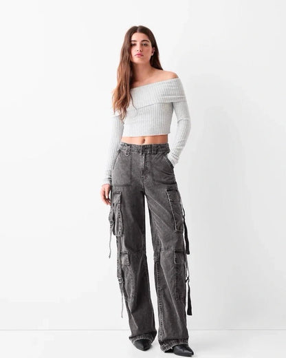 UNISEX MULTI POCKET CARGOS,bottomwear, cargos, casual, cotton twill, flap pocket, full length, grey black, high rise, multi pocket, straight fit, streetwear, summer, washed effect, woven,unisex-wide-cargo-trousers,Length- Full lengthWaist- High WaistFit- Wide LegColor- Grey BlackLength- 41 inchNo. of Pockets- 6Closure- Zip &amp; Button
