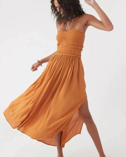 CRINKLED SLIT DRESS,beach, casual, crinkled, dresses, midi, off shoulder neck, sleeveless, slim fit, slit, solid, streetwear, summer, tan, textured, vacation, viscose, woven,midi-crinkled-dress,Neck - Off-shoulder Sleeve - SleevelessFit - Slim fitPrint/Pattern - SolidColor - TanLength - MidiType - Midi dressMaterial - ViscoseDetail - Ruched and crinkled fabric detailing