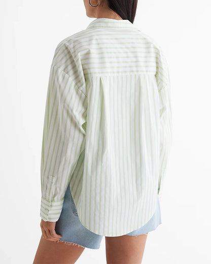 STRIPED BOYFRIEND SHIRT,boyfriend shirts, button, casual, collared, cotton, curved, drop shoulder, green, long sleeves, longline, oversized, printed, shirts, stripes, summer, topwear, woven,green-and-white-stripes-boyfriend-shirt,Neck - CollaredSleeve - Full sleevesFit - Oversized fitPrint/Pattern - Stripes Color - Green and white Material - Cotton