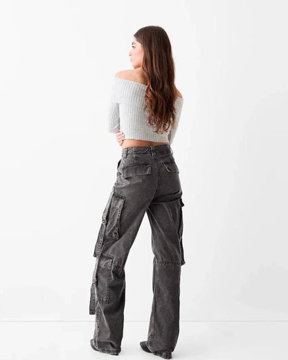 UNISEX MULTI POCKET CARGOS,bottomwear, cargos, casual, cotton twill, flap pocket, full length, grey black, high rise, multi pocket, straight fit, streetwear, summer, washed effect, woven,unisex-wide-cargo-trousers,Length- Full lengthWaist- High WaistFit- Wide LegColor- Grey BlackLength- 41 inchNo. of Pockets- 6Closure- Zip &amp; Button
