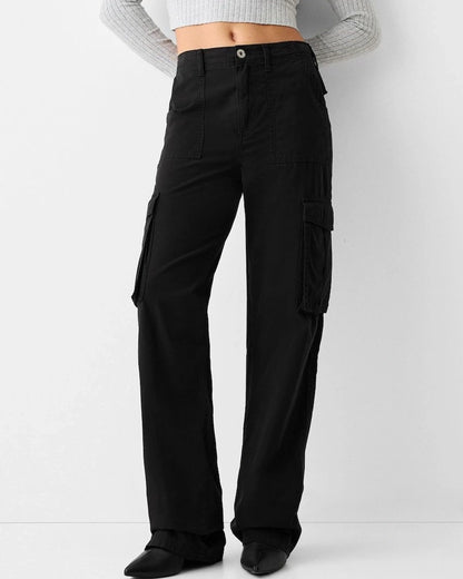 ADJUSTABLE CARGOS,black, bottomwear, cargos, casual, cotton, full length, high rise, straight fit, streetwear, summer, utility pocket, woven,cargo-wide-leg-adjustable-trouser-1-black,Length - Full length Waist - Mid-rise waist Fit - Wide leg fit Color - BlackNo. of Pockets - 6Material - CottonClosure - Zip &amp; buttonsDetail - Adjustable waist