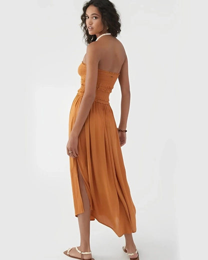 CRINKLED SLIT DRESS,beach, casual, crinkled, dresses, midi, off shoulder neck, sleeveless, slim fit, slit, solid, streetwear, summer, tan, textured, vacation, viscose, woven,midi-crinkled-dress,Neck - Off-shoulder Sleeve - SleevelessFit - Slim fitPrint/Pattern - SolidColor - TanLength - MidiType - Midi dressMaterial - ViscoseDetail - Ruched and crinkled fabric detailing