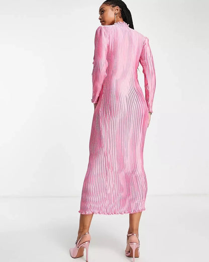 MIDI PLEATED DRESS,bodycon, dresses, glam, high neck, long sleeves, midi, party, pink, pleated, satin, scalloped, skinny fit, woven,midi-pink-pleated-dress,Neck - High neckSleeve - Long sleeves Fit - Skinny fitPrint/Pattern - SolidColor - Pink Length - MidiType - Midi dressMaterial - Satin Detail - Pleated