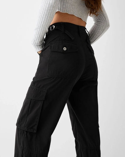 ADJUSTABLE CARGOS,black, bottomwear, cargos, casual, cotton, full length, high rise, straight fit, streetwear, summer, utility pocket, woven,cargo-wide-leg-adjustable-trouser-1-black,Length - Full length Waist - Mid-rise waist Fit - Wide leg fit Color - BlackNo. of Pockets - 6Material - CottonClosure - Zip &amp; buttonsDetail - Adjustable waist