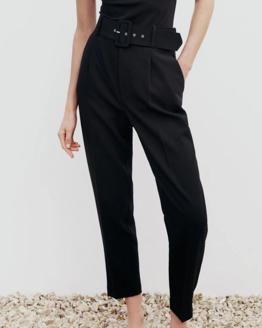 BELTED TAPERED PANTS,black, bottomwear, formal, full length, high rise, pants, polyester, summer, tailored fit, tapered, woven,straight-fit-trouser-with-belt-black,Length - Full length Waist - High-rise waist Fit - Straight fit Color - BlackNo. of Pockets - 2Material - Polyester Length - 43 inch Closure - Zip &amp; hook Detail - Trouser with belt and false welt back pocket