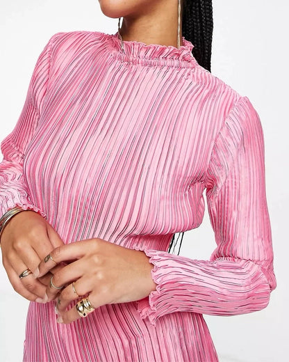 MIDI PLEATED DRESS,bodycon, dresses, glam, high neck, long sleeves, midi, party, pink, pleated, satin, scalloped, skinny fit, woven,midi-pink-pleated-dress,Neck - High neckSleeve - Long sleeves Fit - Skinny fitPrint/Pattern - SolidColor - Pink Length - MidiType - Midi dressMaterial - Satin Detail - Pleated