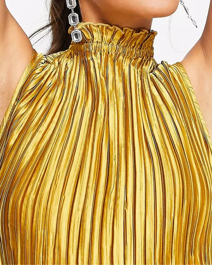 MINI PLEATED DRESS,bodycon, dresses, glam, high neck, mini, mustard, party, pleated, ruched, satin, skinny fit, sleeveless, woven,mini-pleated-shimmery-mustard-dress,Neck - High neckSleeve - SleevelessFit - Skinny fitPrint/Pattern - SolidColor - MustardLength - MiniType - Mini dressMaterial - SatinDetail - Pleated fabric detail