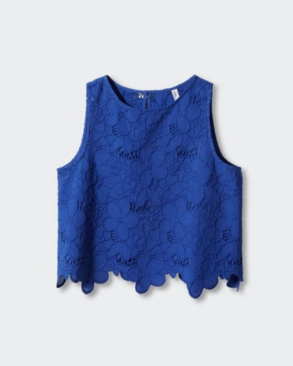 SCHIFFLI A-LINE TOP,a line, blue, casual, cotton, crew neck, regular, relaxed fit, scalloped, schiffli, sleeveless, soft girl, solid, summer, tops, topwear, woven,a-line-schiffli-embroidered-top,Neck - Crew neckSleeve - SleevelessFit - Relaxed fit Print/Pattern - Solid Color - BlueMaterial - CottonDetail - Schiffli embroidered
