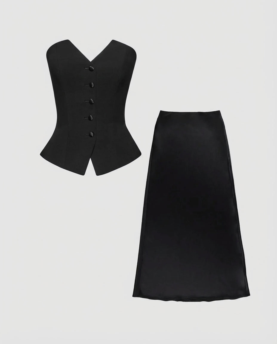 Black Bandeau Waistcoat With Satin Skirt Set