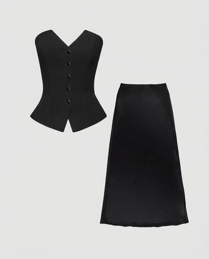 Black Bandeau Waistcoat With Satin Skirt Set